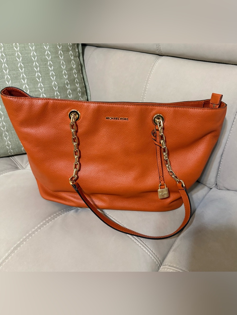 Michael Kors Orange Pebbled Leather Chain-Handle Tote